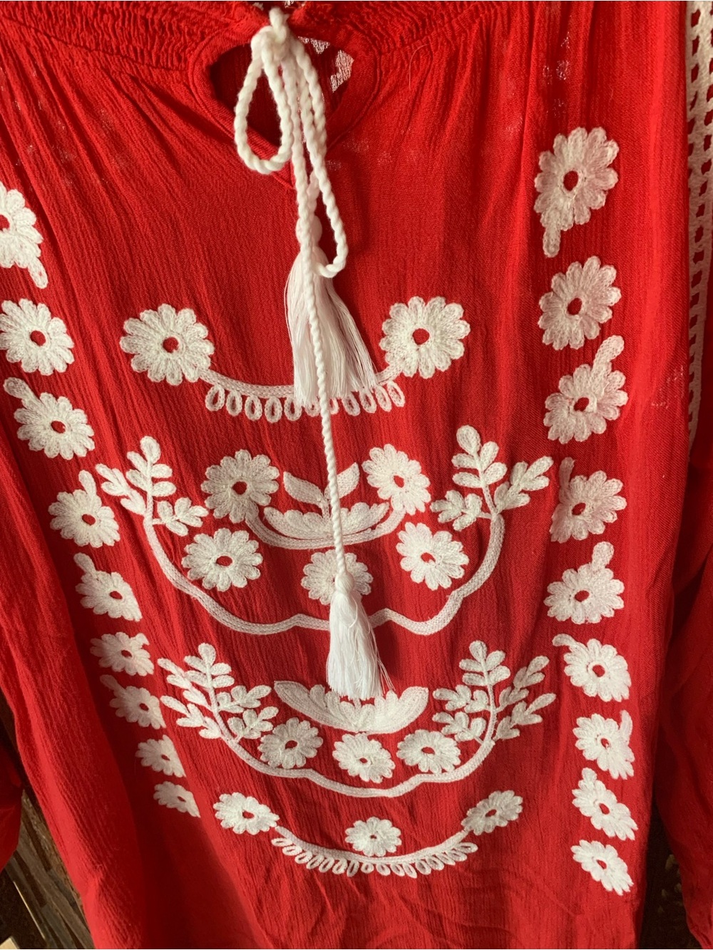 intro. Red Embroidered Peasant Tunic with White Floral Detail - Picture 2 of 4